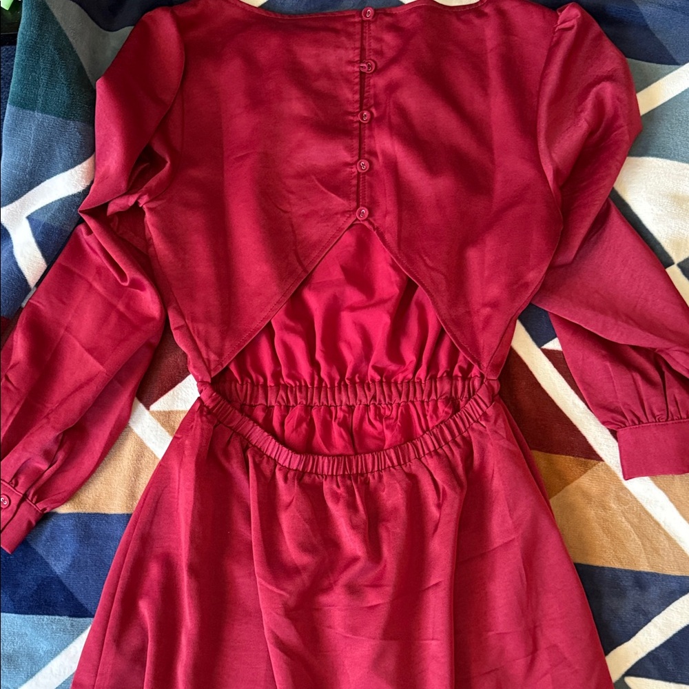 NWT Lost + Wander Deep Red Long-Sleeve Elastic-Waist Dress Open back ..